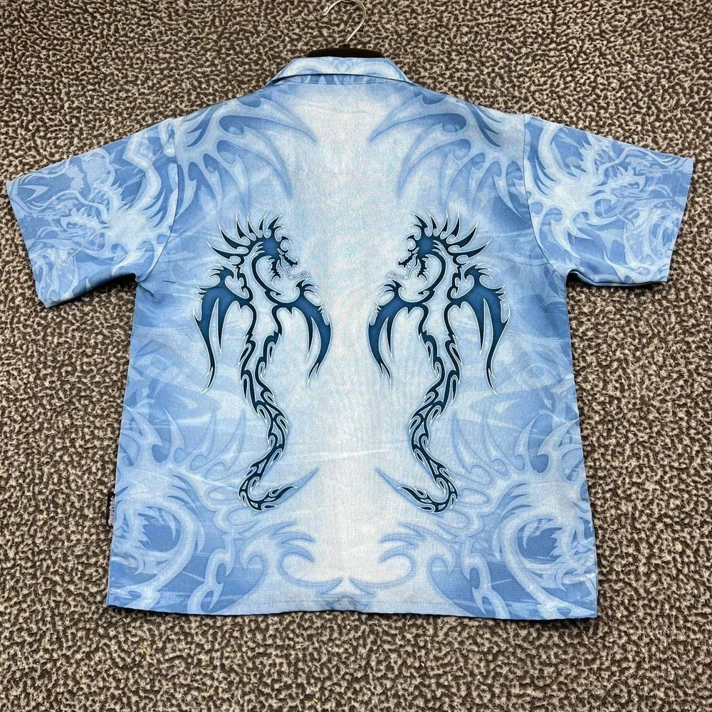 Silver Point Button Up Shirt Youth Large Blue Dragon Tribal Graphic Y2K Cyber